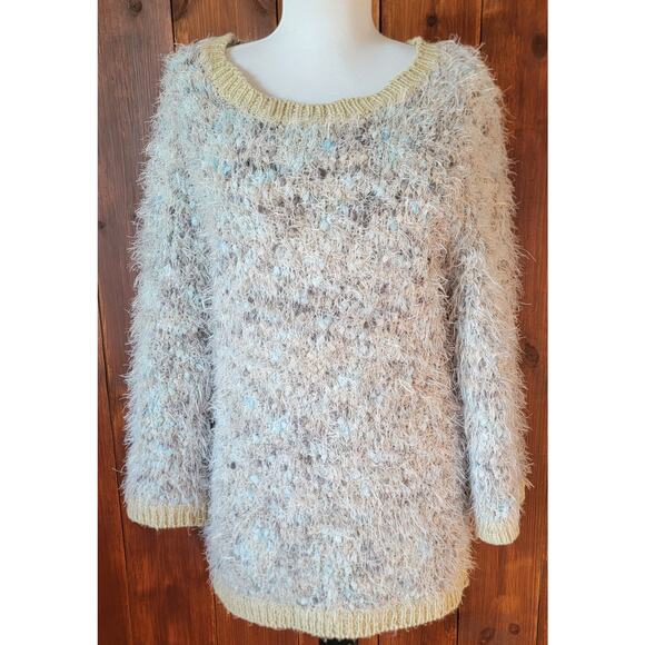 Lauren Michelle Women L Blue Green Fuzzy Pom Pom Sweater Knit Shimmer Lurex Cozy - Picture 2 of 10